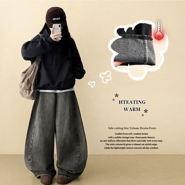 Romine side pin tuck brushed denim wide pants