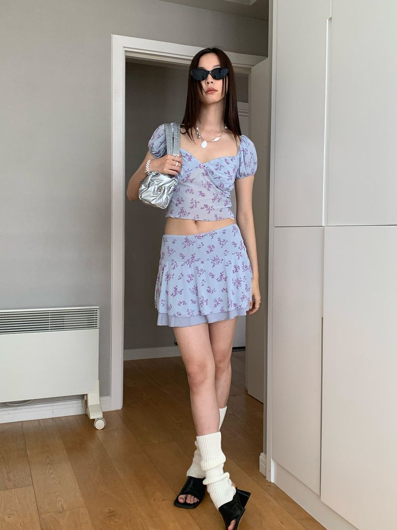 chiffon lavender flower frill skirt