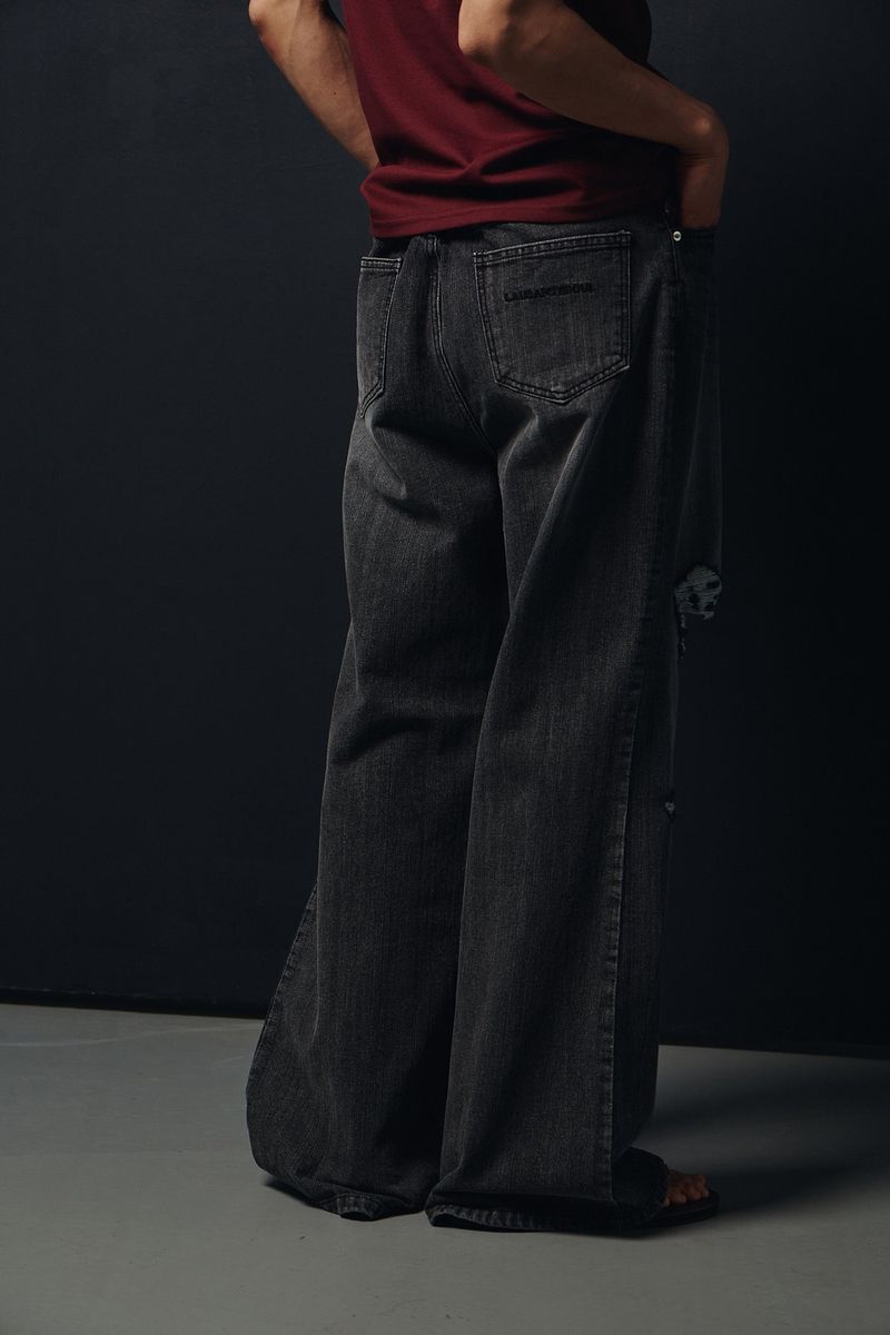 Washed damage wide flare denim pants(Black)