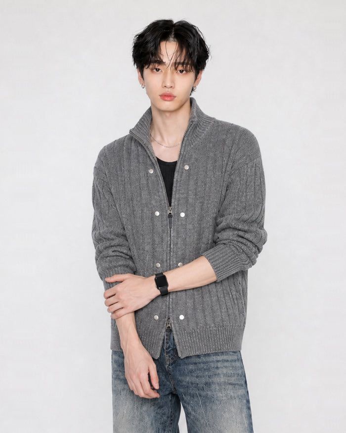 (UNISEX) Rivet Ribbed Knit Zip-Up