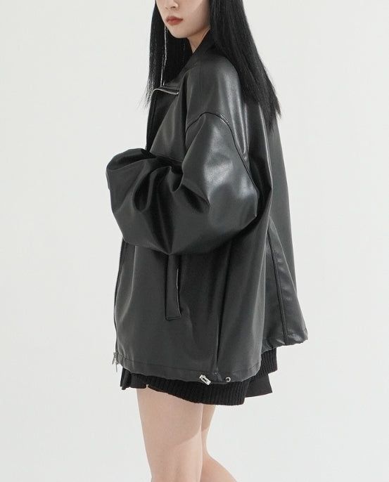 2Way Zip-up Balloon String Leather Jacket
