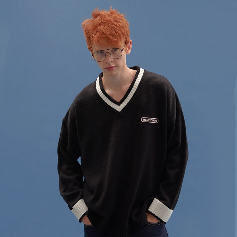 BASIC V NECK  KNIT SWEATER_BLACK