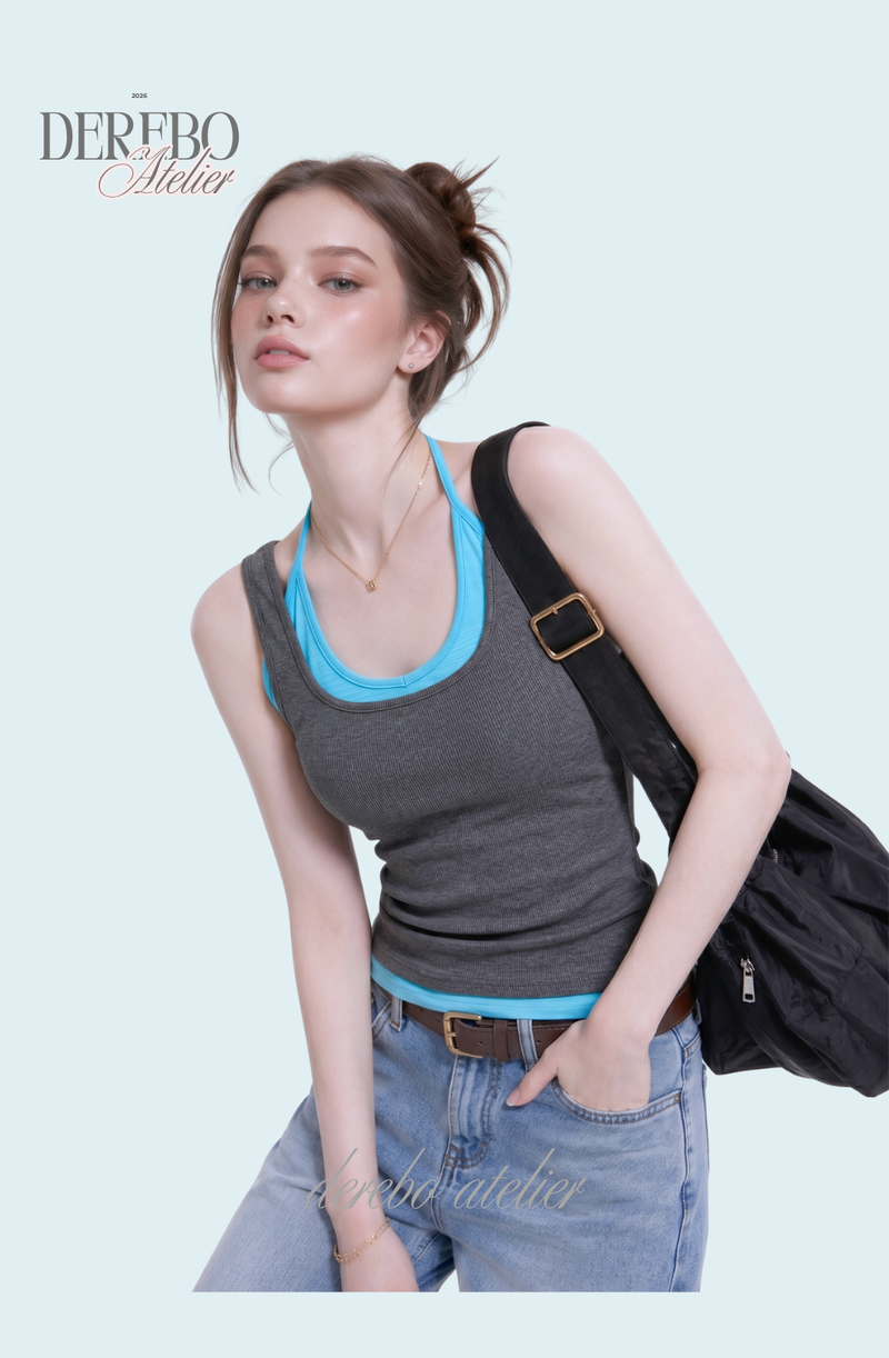 Blue Charcoal Halter Layered Sleeveless Top
