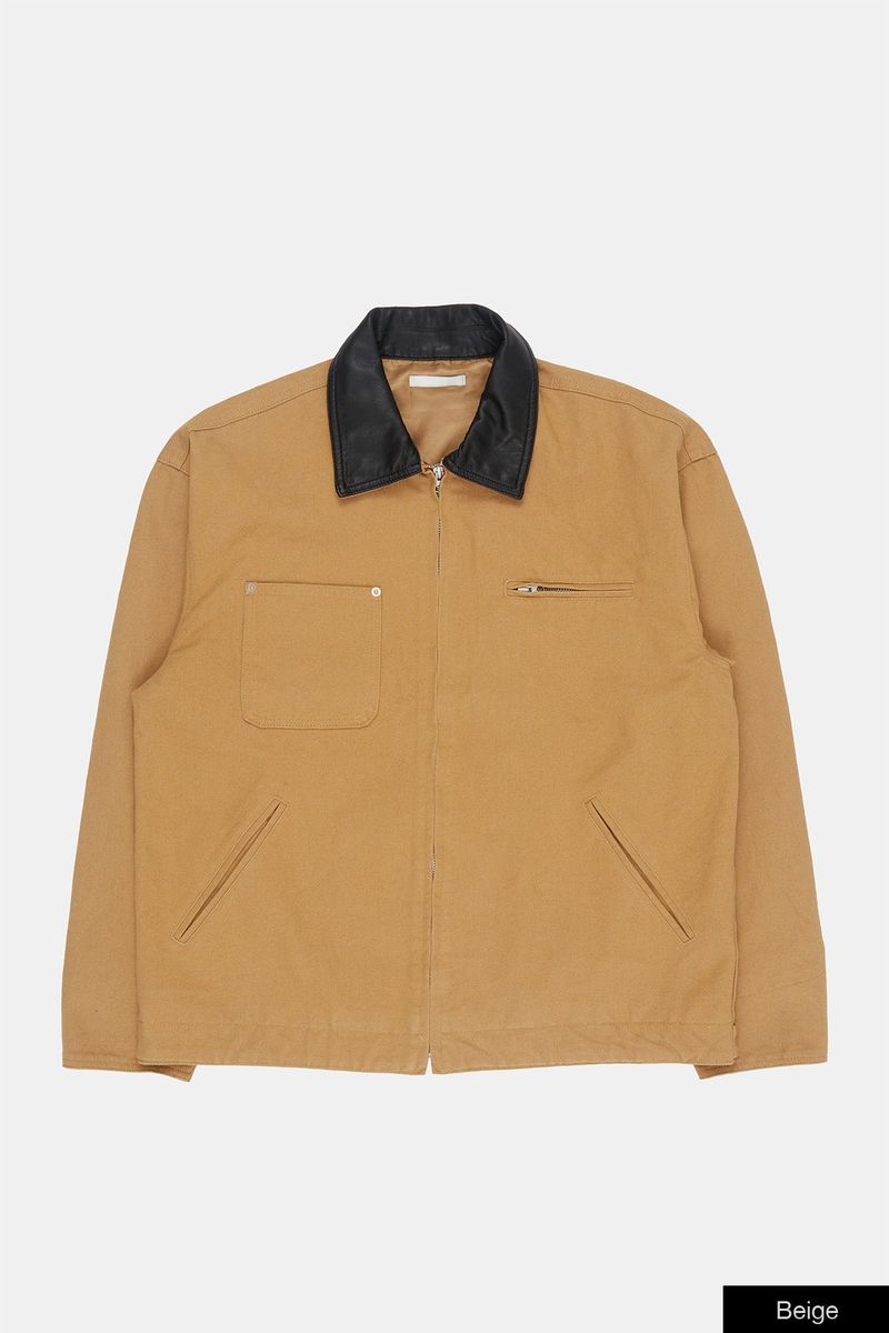 Leather collar vintage zip-up work jacket