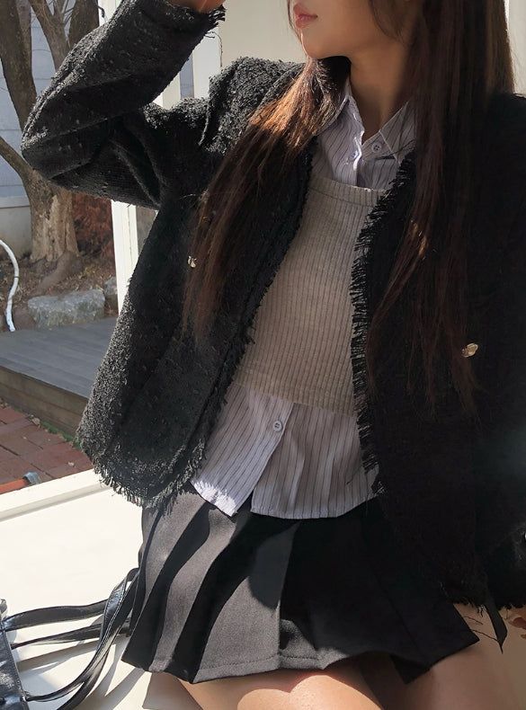 Conbe No Collar Fringe Tweed Jacket