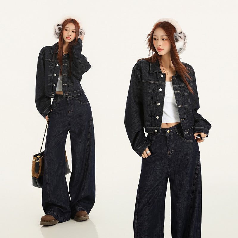 Navy-cut High-waist Mixed Denim Pants