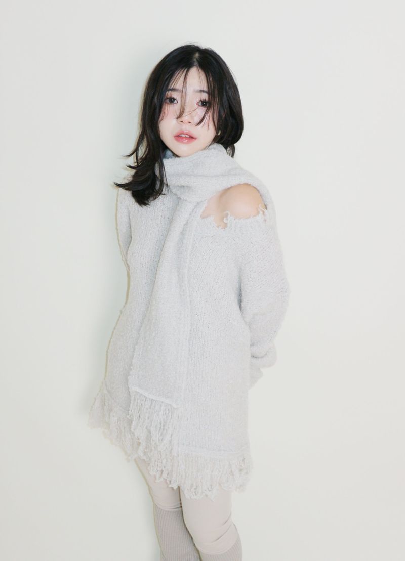 Puddle Demoor Tester Damage Long-Sleeved Knitwear Dress (Muffler Set)