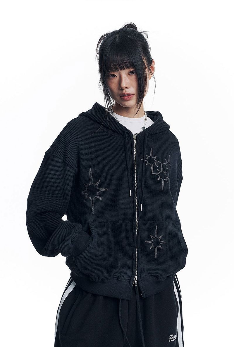 Washed Star Waffle Hooded Zip-Up - Black