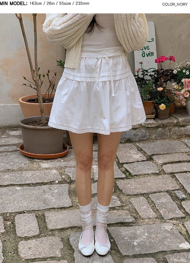 Pintuck String Ribbon Lace Mini Skirt (3color)