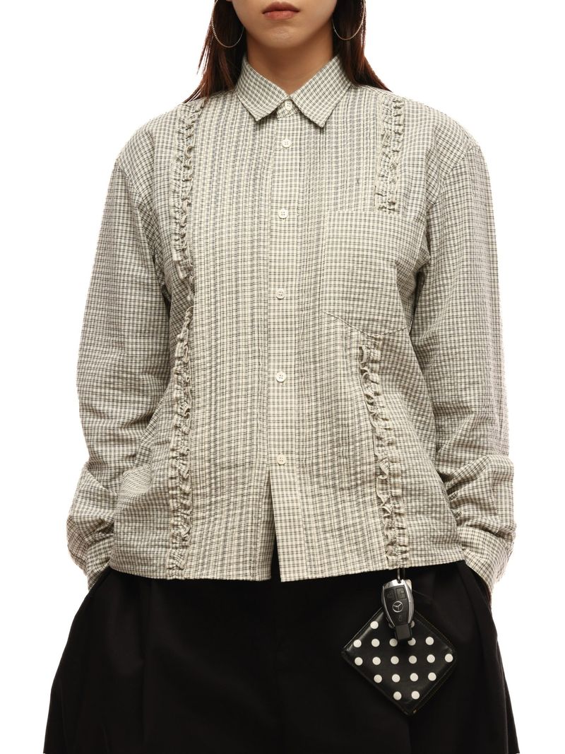 6CRAYON Retro Off-White Plaid Cotton Peplum Blouse