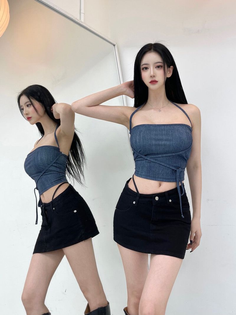 802. Denim free strap top (3color)
