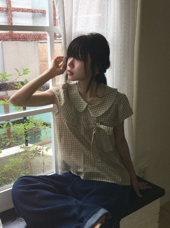 Meva Check Ribbon Short Sleeve Blouse