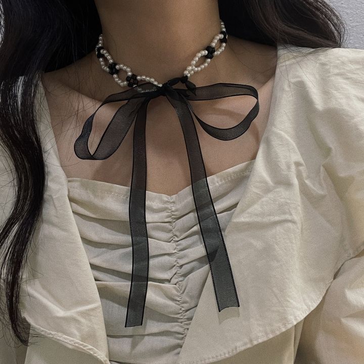 mix pearl ribbon tie choker