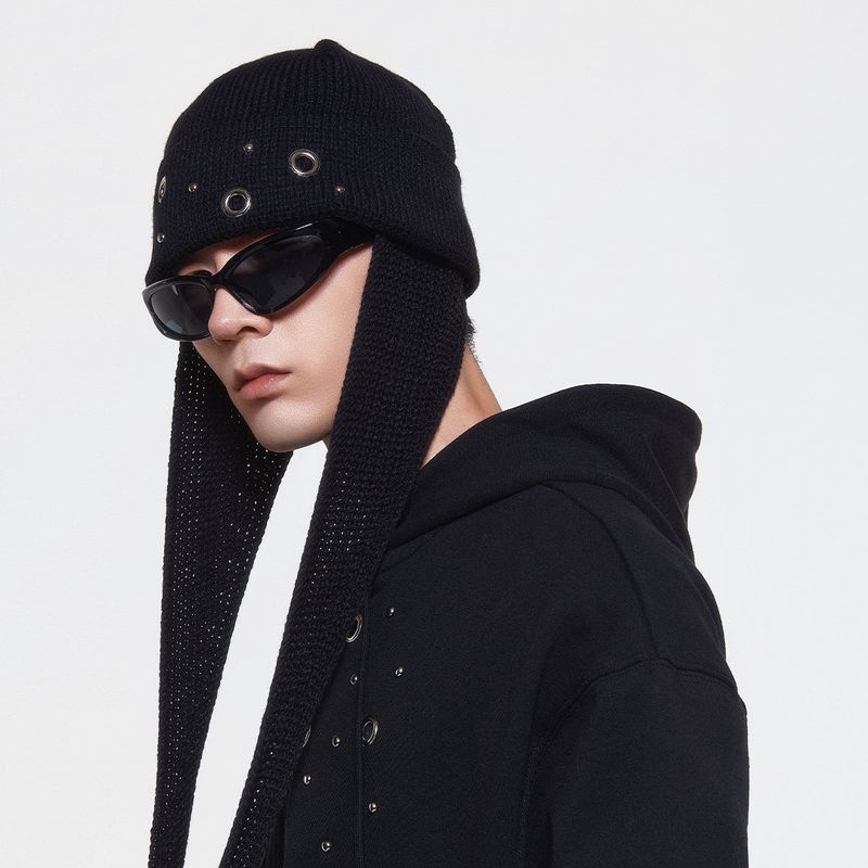 (DUC) Eyelet Stud Earflap Beanie Black