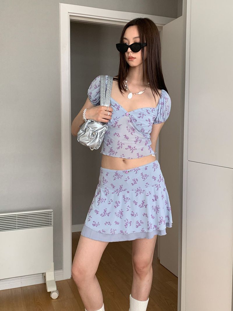 chiffon lavender flower frill skirt