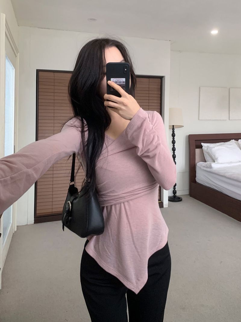 Berre Wrap Shirring Asymmetric Long Sleeve Tee