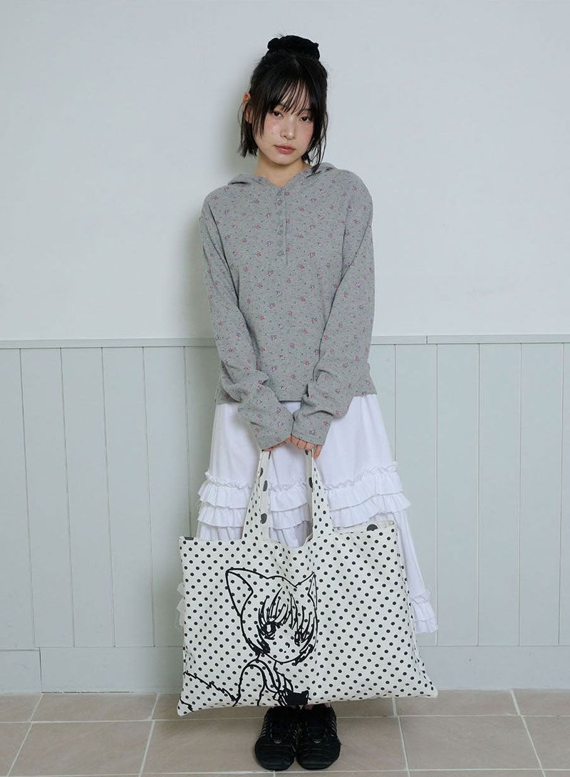 FLOWER WAFFLE BUTTON HOODIE - GRAY
