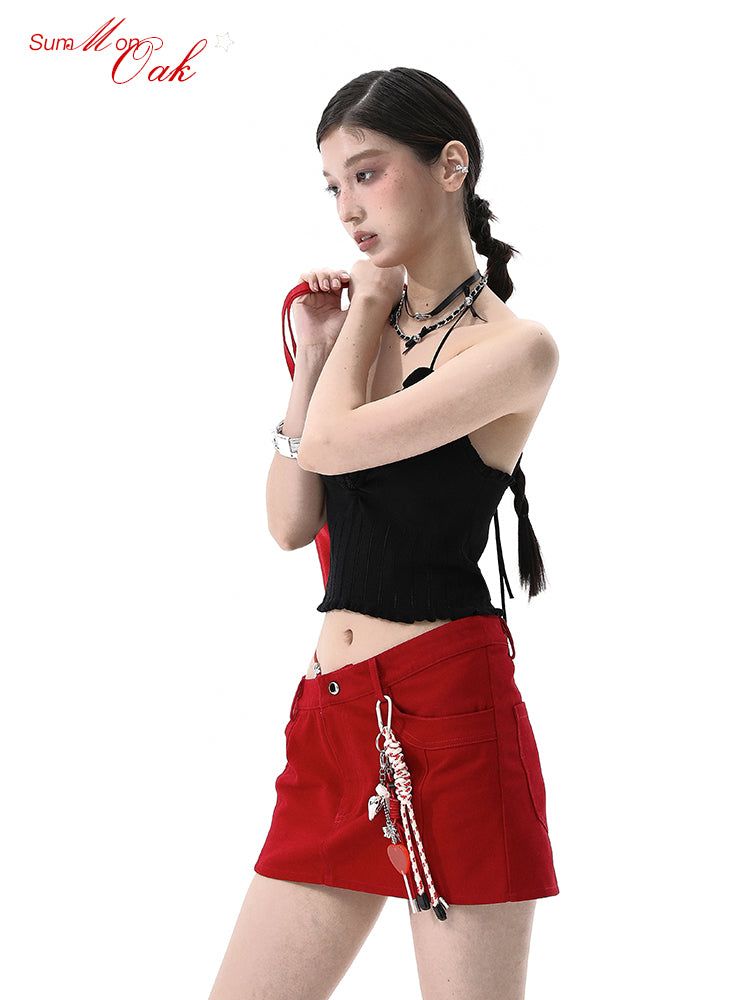 Summon Oak Red Y2K A-Line Denim Mini Skirt for Women, Low-Waist Bodycon Style for Summer
