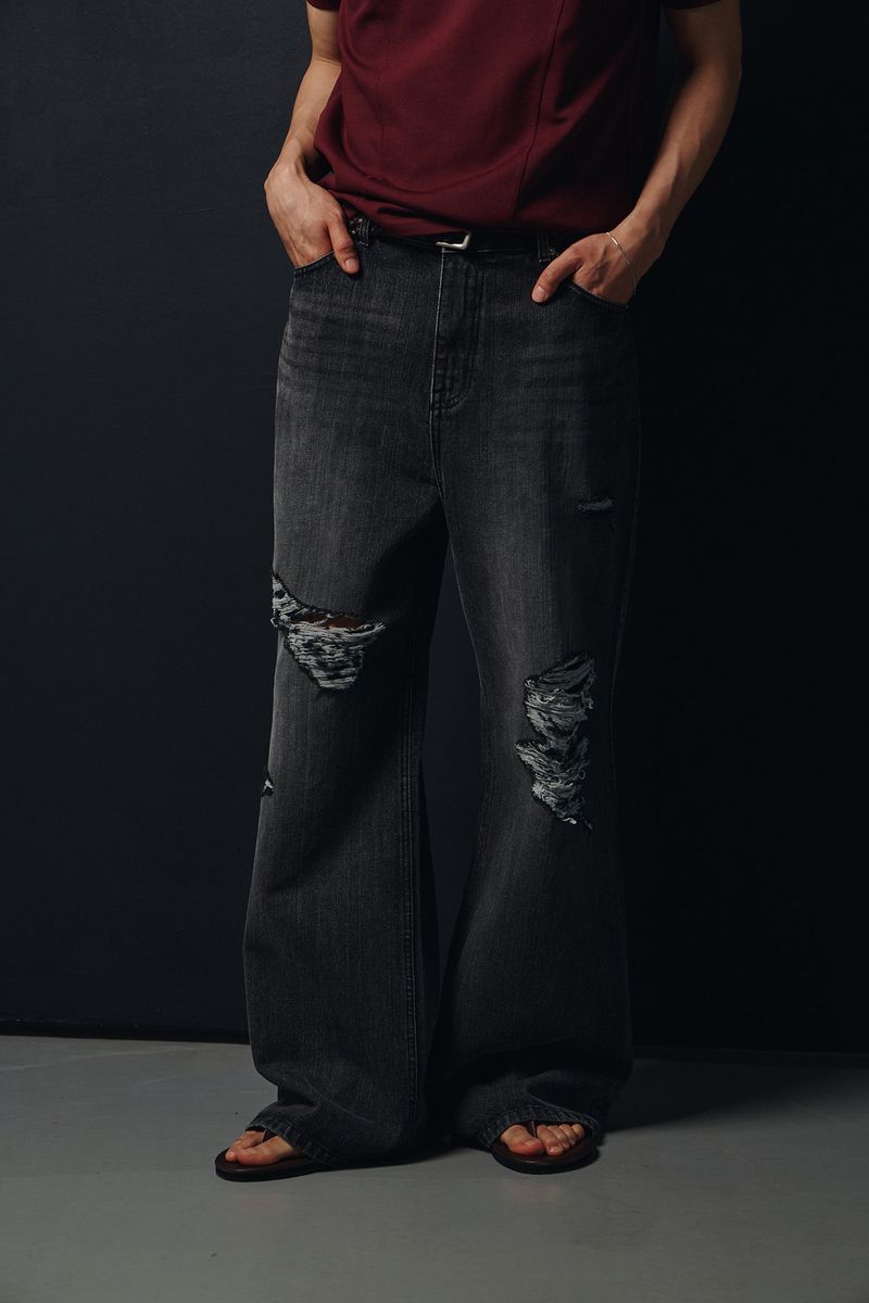 Washed damage wide flare denim pants(Black)