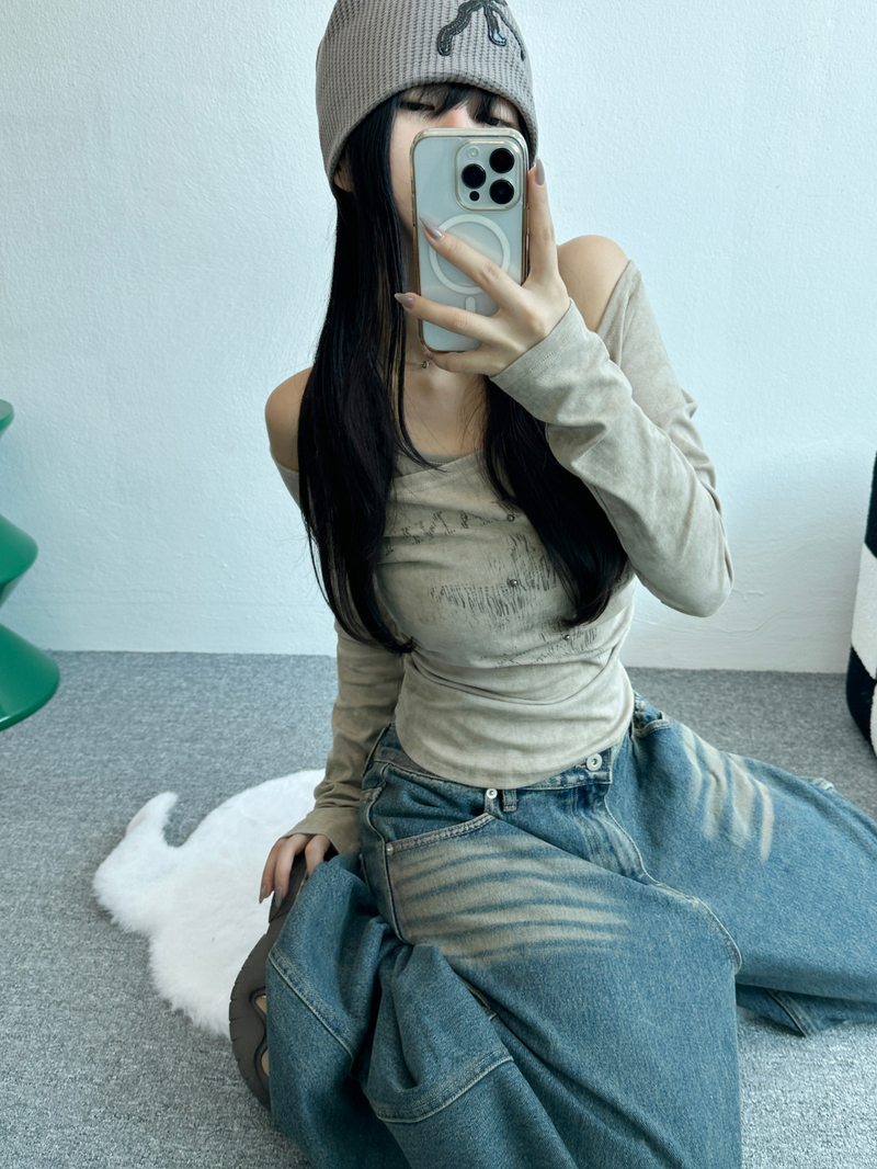 STUD SHIRRING TANK LAYERED SLIM LONG SLEEVE🤎🩶 - 2 COLORS