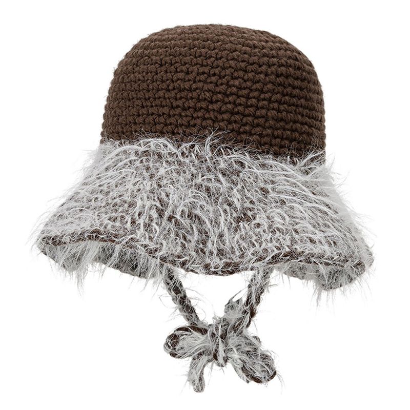 Crochet Knit Round Bucket Hat / Brown