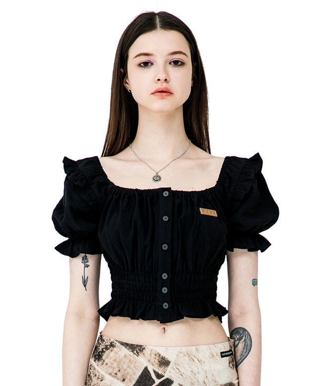 PUFF SLEEVE RUFFLE CROP SHIRT