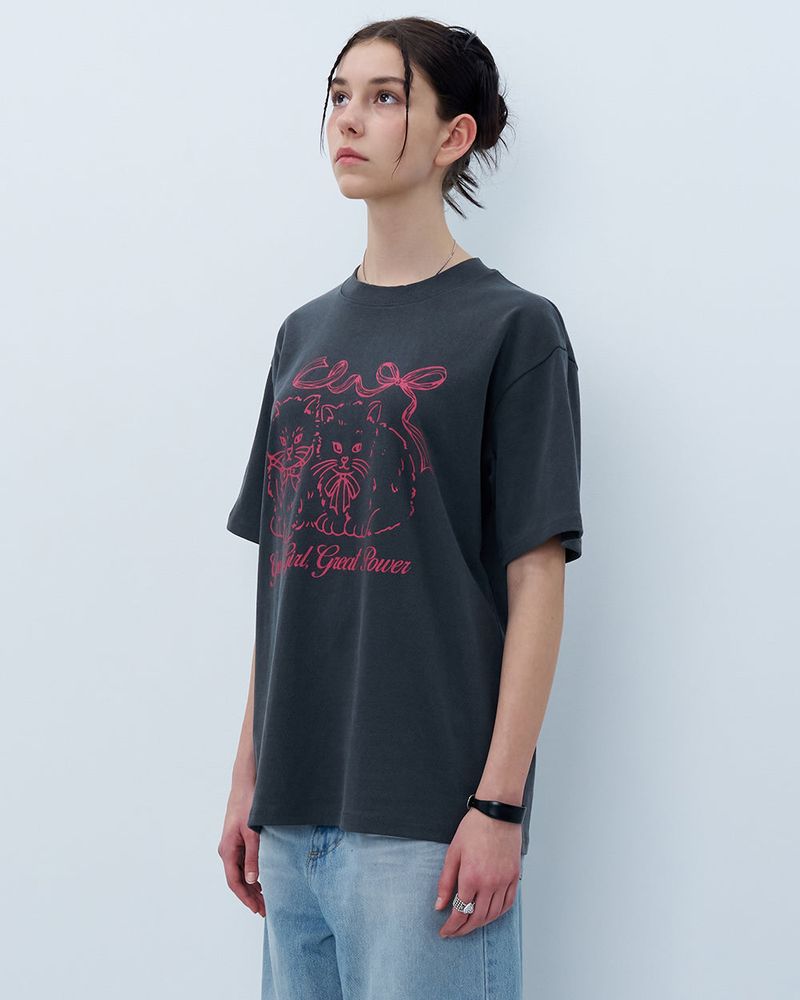 RIBBON CATS TSHIRT-CHARCOAL