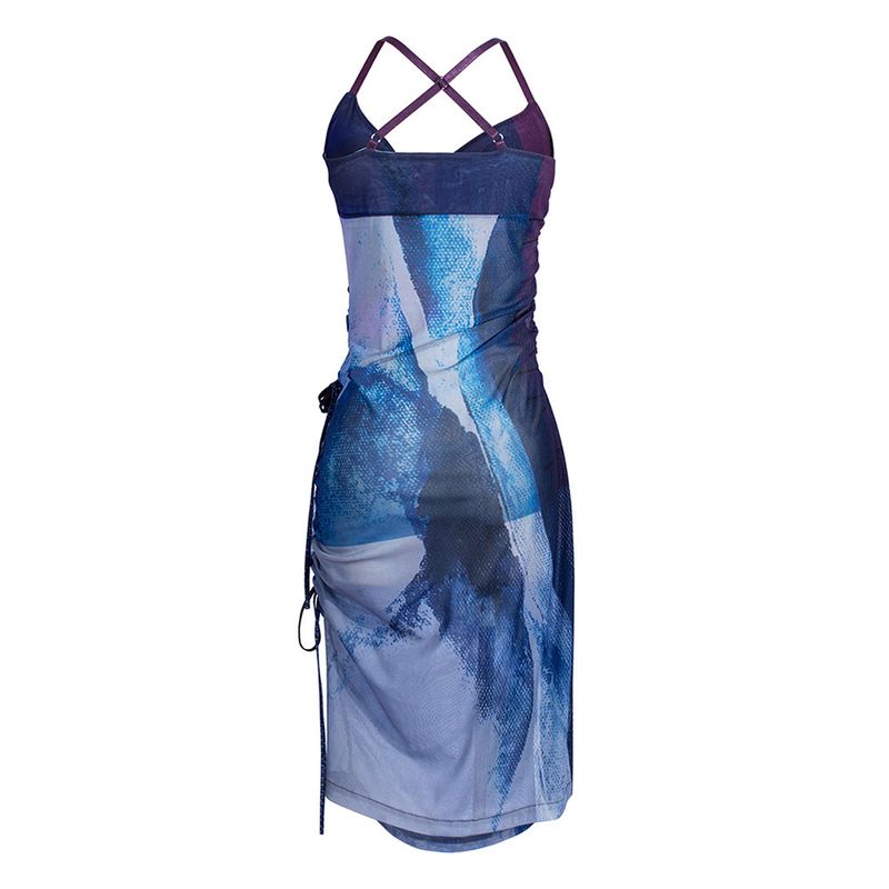 UNBALANCED SHIRRING MESH DRESS_Blue