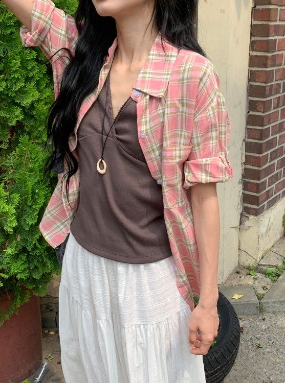 Toui Check Three Quarter Rolled-up Loose Fit Shirt