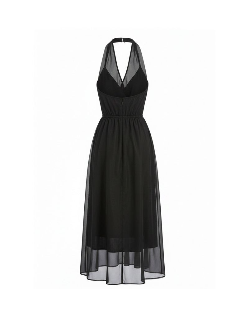 Lorielle Halterneck Sheer Wrap Long Dress Black