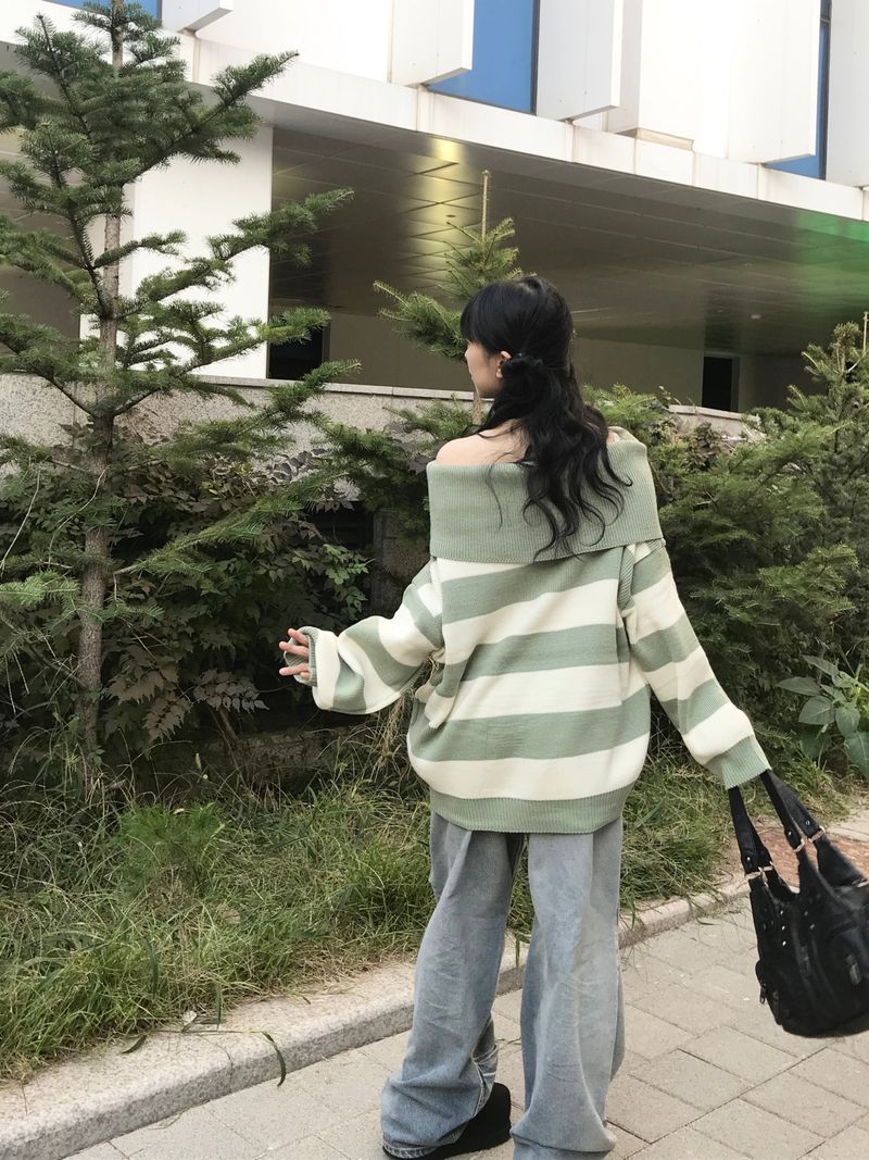 Off-shoulder Oversized Fit Stripe Knitwear