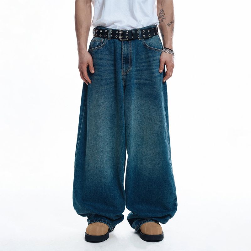 Lettering Wide Denim Pants - DEEP BLUE