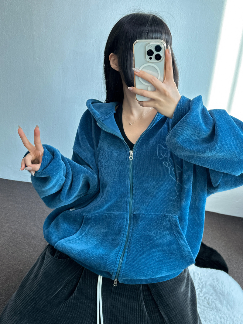 RIBBON PATTERN VELVET HOOD ZIP-UP💚💙🖤 - 3 COLORS
