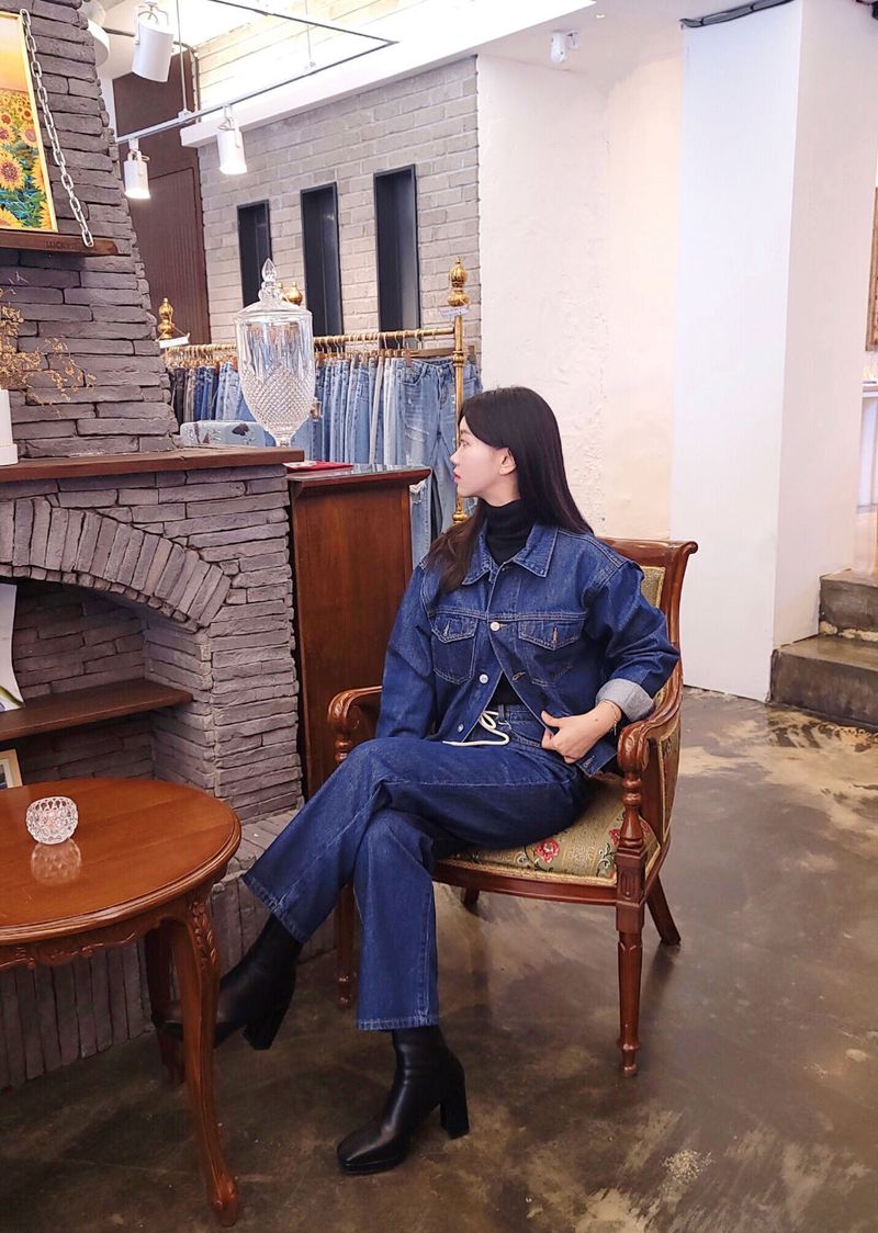 LOOSE FIT BACK LABEL POINT DARK DENIM JACKET [17707]