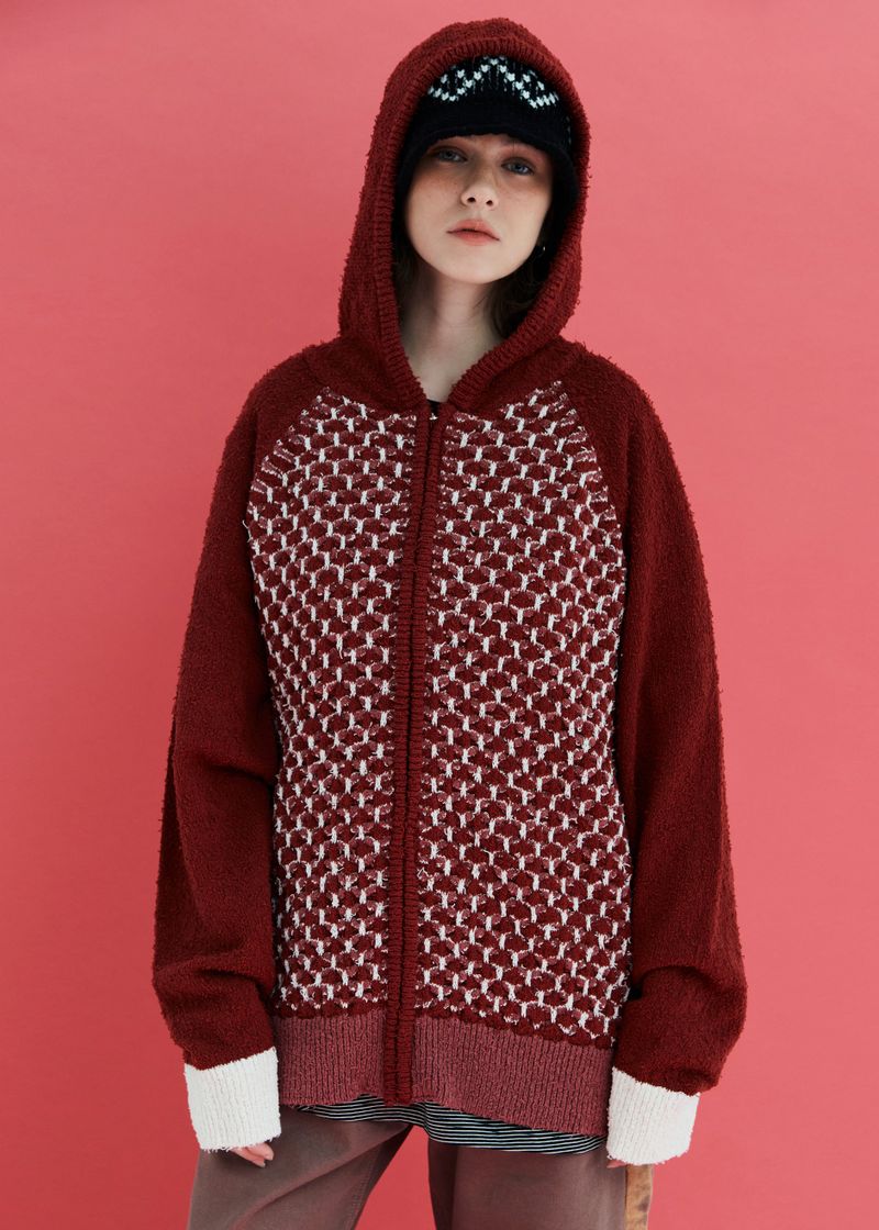 EMBOSSING CLOVER KNIT ZIP-UP HOODIE / RED