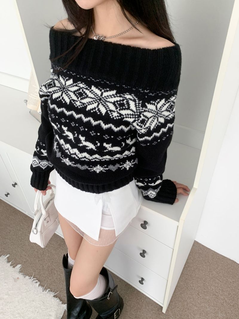 Snowfield Nordic Pattern Off-Shoulder Knit Top (Black)