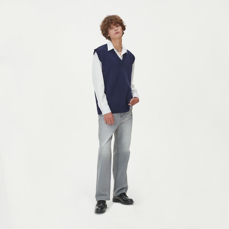 LAMBSWOOL V NECK KNIT VEST_NAVY