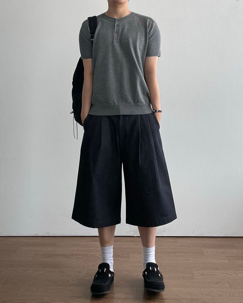 Needle Henley Neck Short Sleeve Knit