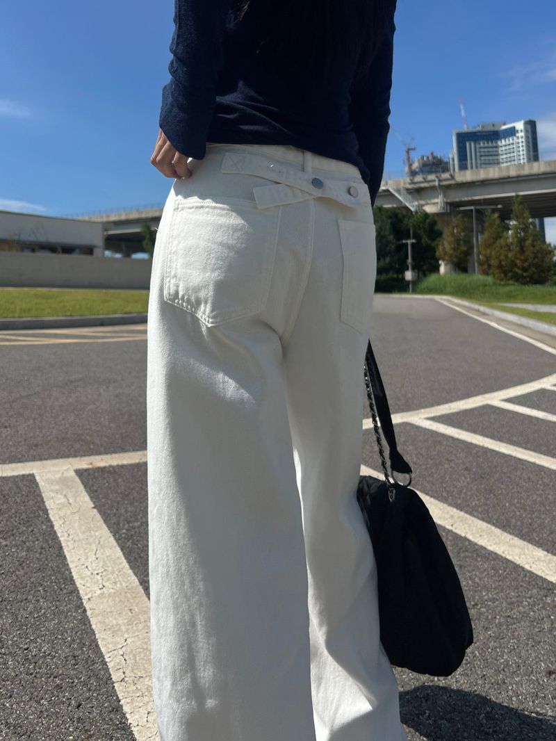 Y2K Back Point X Strap Bijo Wide Loose Fit Denim Long Pants (White)