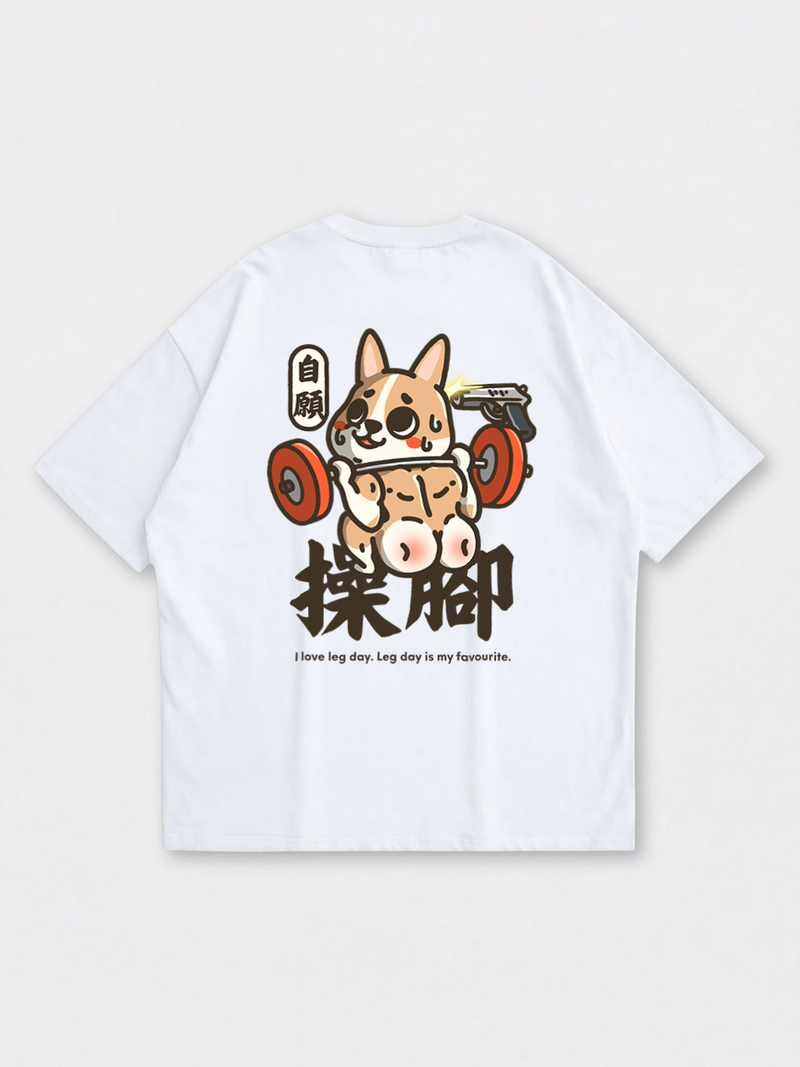 Muscle Buddies Leg Day Corgi Oversized Printed Tee