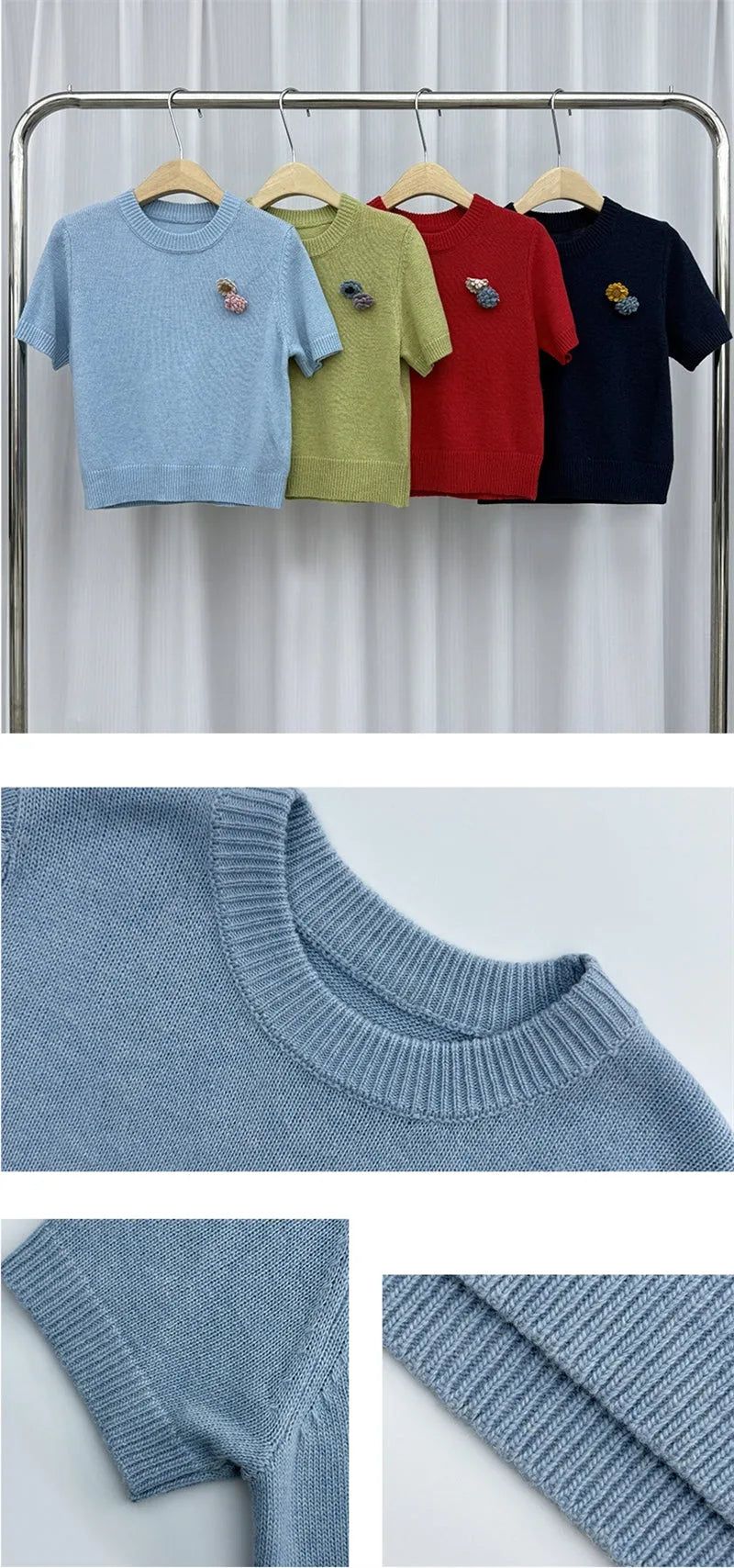 [1+1 Special] Tours Flower Decor Round Neck Wool Short Sleeve Knit