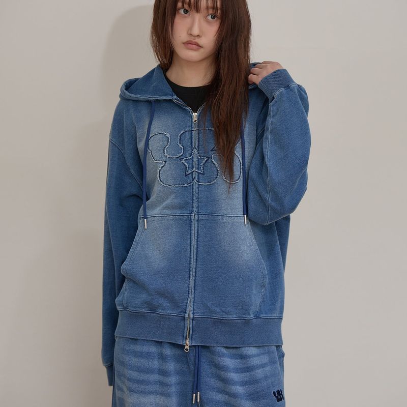 YK Applique Denim Hood Zip Up