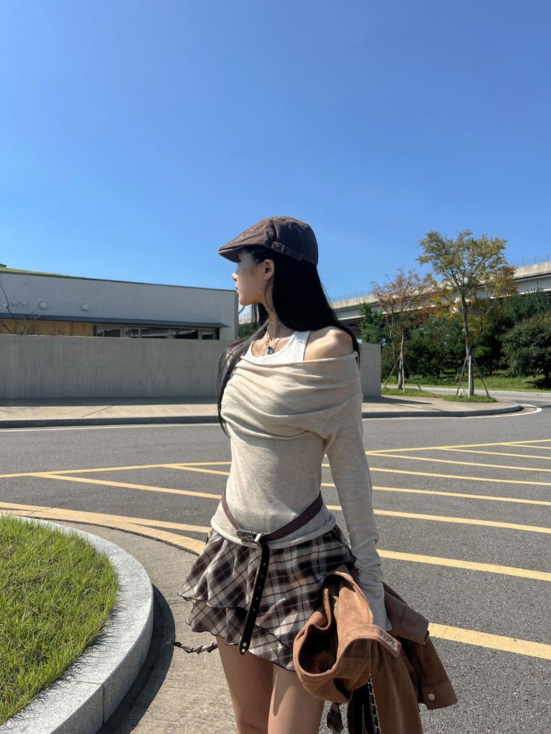 Layered shirring off-shoulder solid long sleeve knit top (3 colors)
