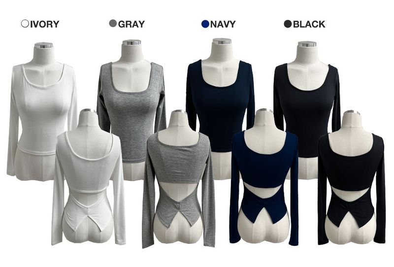 Cutout Back Slit Round Neck Long Sleeve Tee (4 Colors)