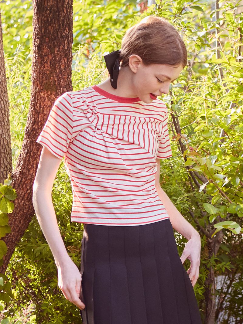 VITALSIGN（バイタルサイン）の「ツイスティドストライプTシャツ (レッド)（トップス）」