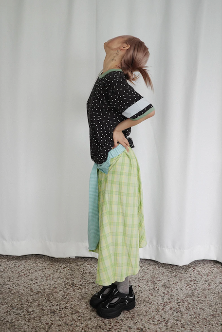 Check Tie Skirt (yellowish green)
