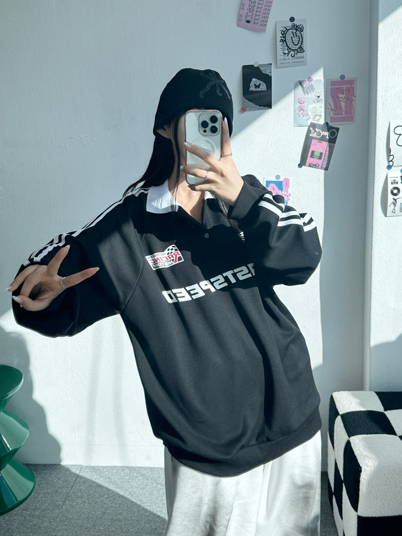 RAGLAN THREE-STRIPE COLLAR SWEATSHIRT🖤🩶🤍 - 3 COLORS