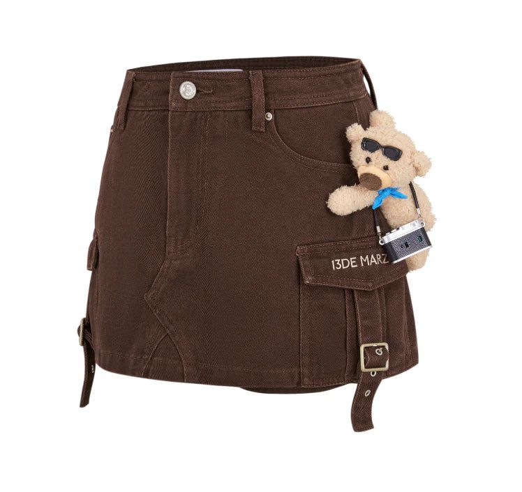 13DE MARZO Camera Bear Cargo Skirt Brown