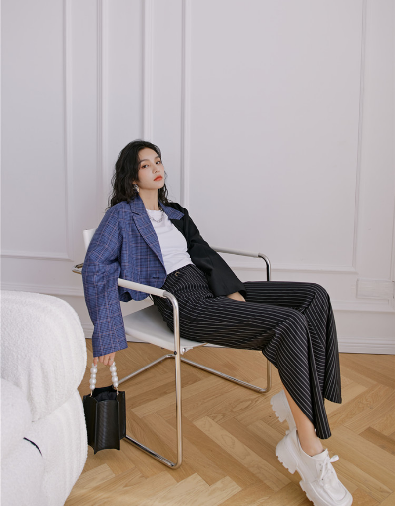 Blue check pattern unbalanced tailored short jacket
