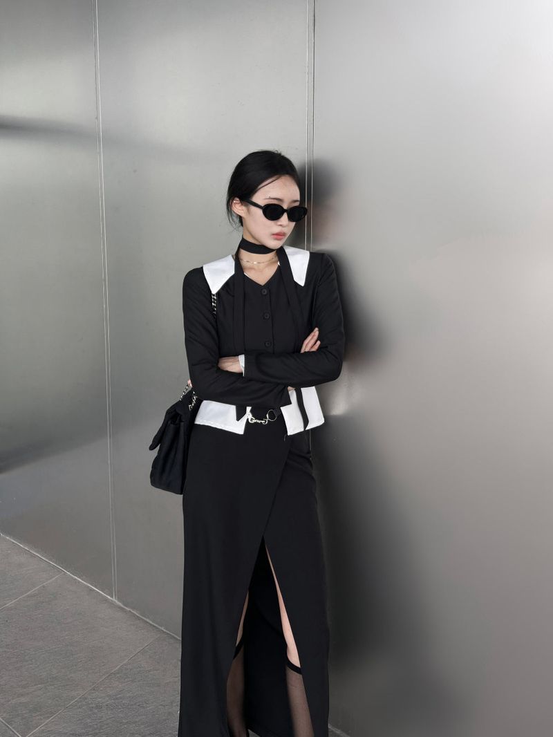 Double hook line black leather belt (Black)
